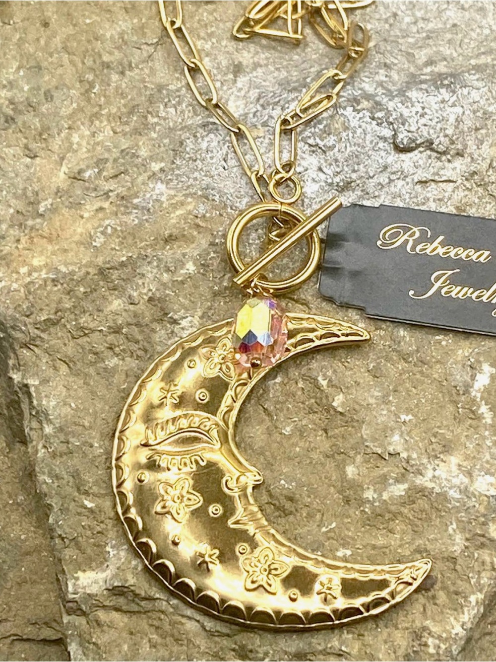 Boho Gold Crescent Moon Pendant Necklace with Iridescent Crystal